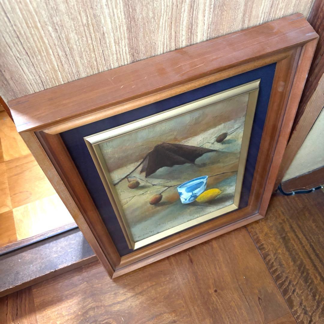 静物画 油彩 レモンとカップ　額縁つき　油絵