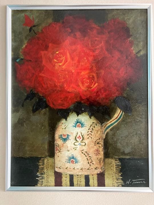 スペイン壷と薔薇 田村一 F6号 油絵 油彩 絵画 肉筆 裏サイン有