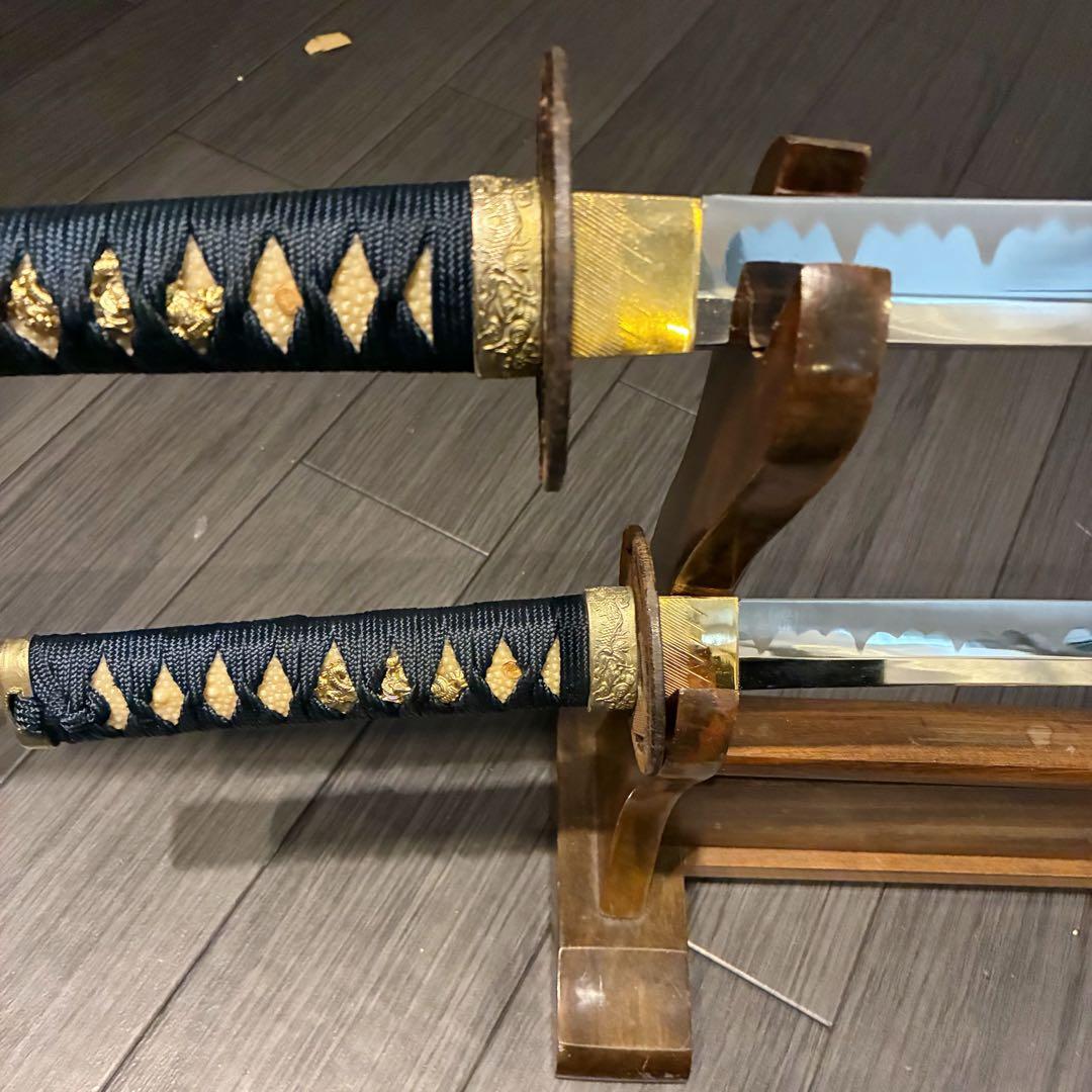 高級模造刀　金鍔　美術刀剣　太刀　脇差　大小セット　緑拵え　2本セット