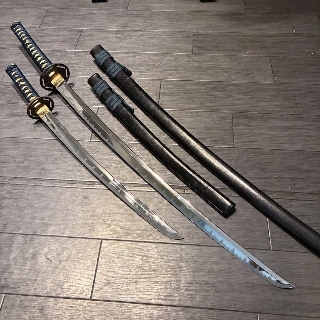 高級模造刀　金鍔　美術刀剣　太刀　脇差　大小セット　緑拵え　2本セット