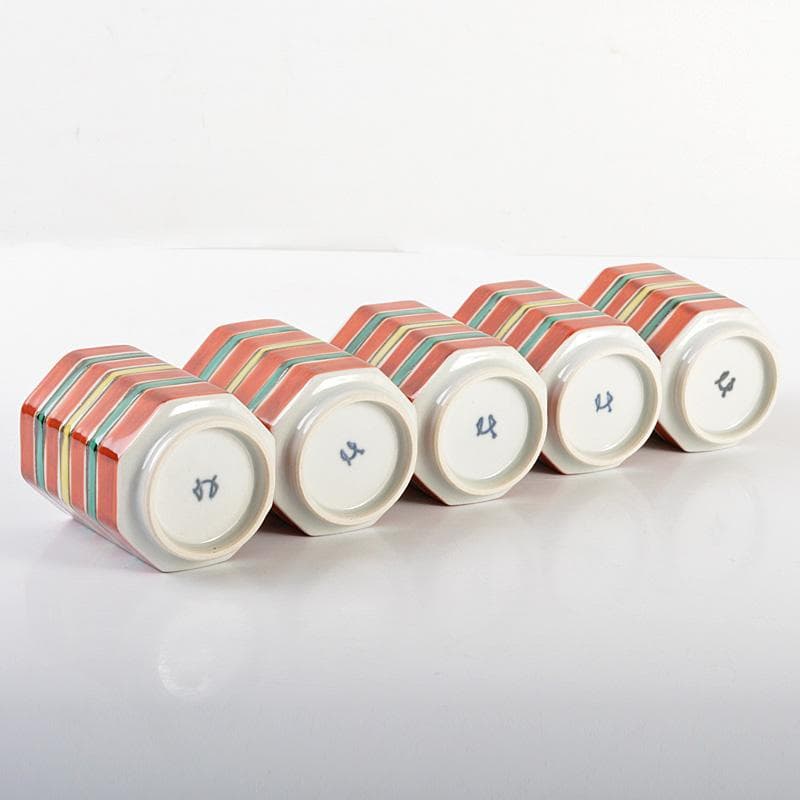 幸兵衛窯　色絵　筋文　八角　湯呑　5客　共箱　N　5991