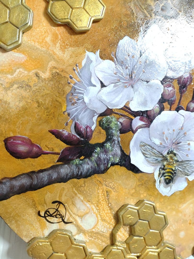 花と蜂の油絵【蜂と杏子】1点物の原画/作者サイン入り/真作/油彩画/希少品