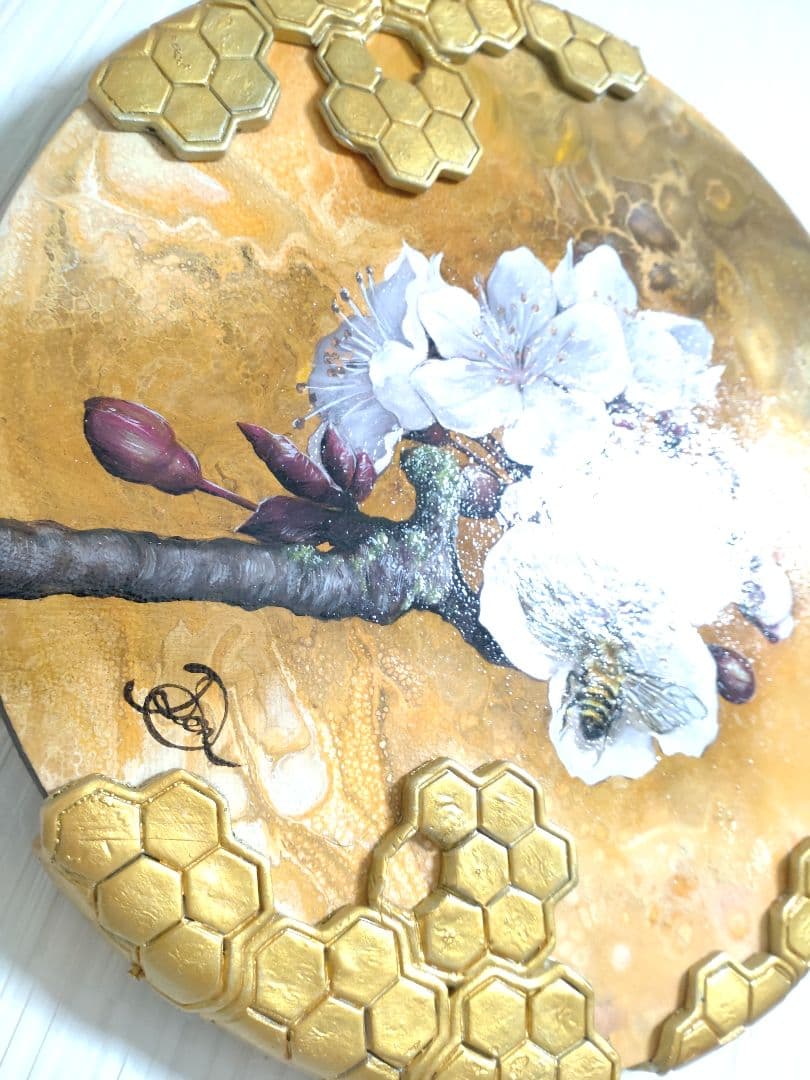 花と蜂の油絵【蜂と杏子】1点物の原画/作者サイン入り/真作/油彩画/希少品