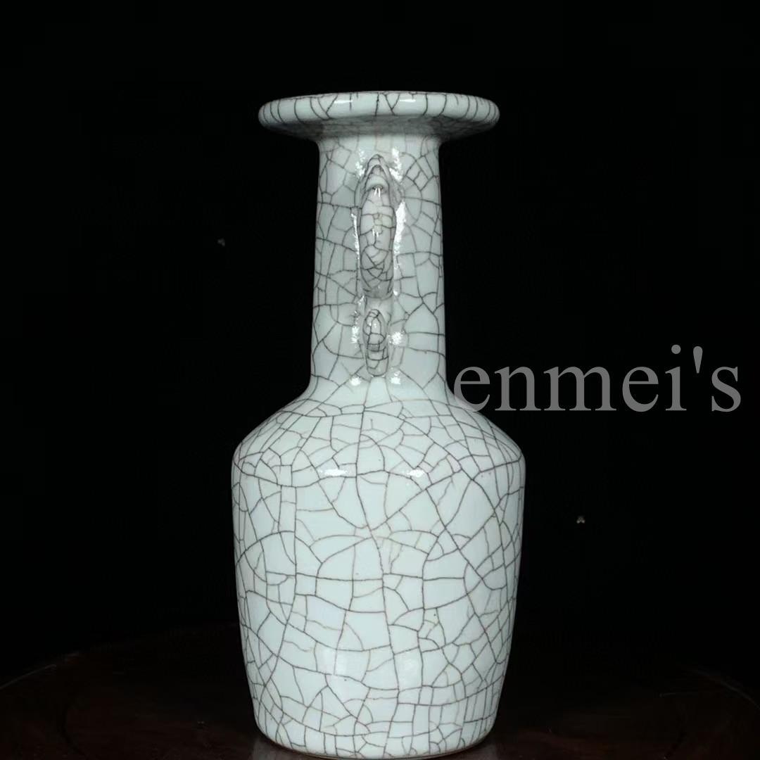 中国古美術・旧蔵品 宋代 官窑 双凤耳瓶・冰裂纹・青灰