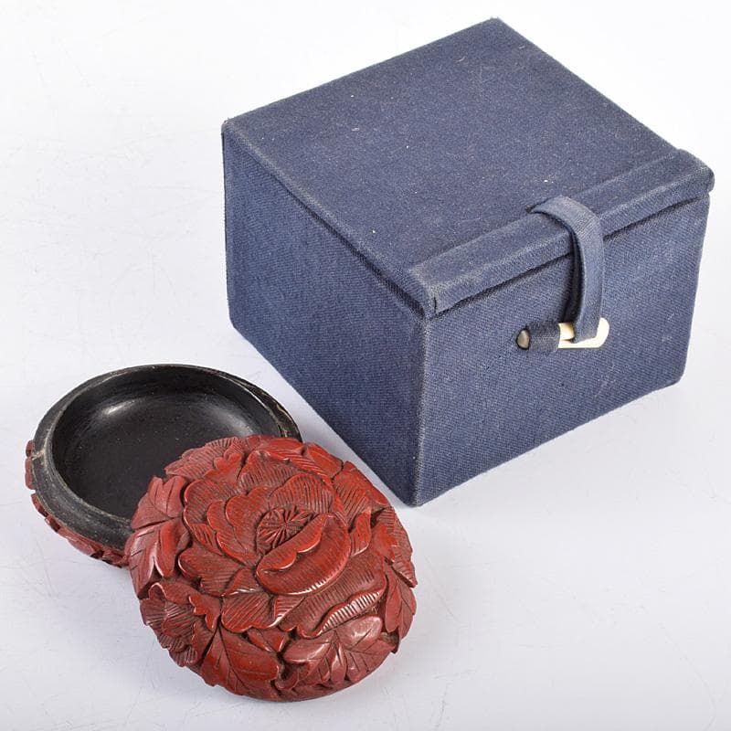 中国剔紅堆朱山水文四方香合合わせ箱MR7056