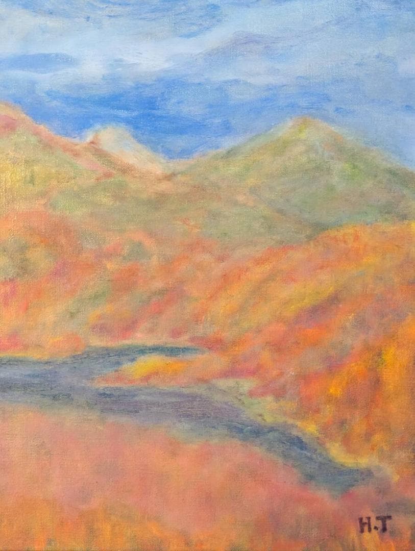 【真作】絵画　油彩8号　秋彩の山並み　柔らかな筆致が描く湖畔の風景画　Y105