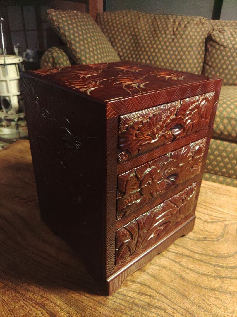 未使用 日光彫 軽井沢彫 小箪笥 引き出し 3段 伝統工芸 希少 デッド