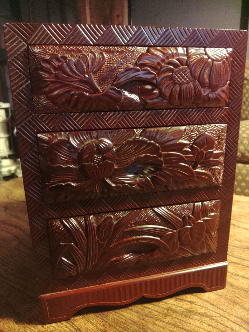 未使用 日光彫 軽井沢彫 小箪笥 引き出し 3段 伝統工芸 希少 デッド