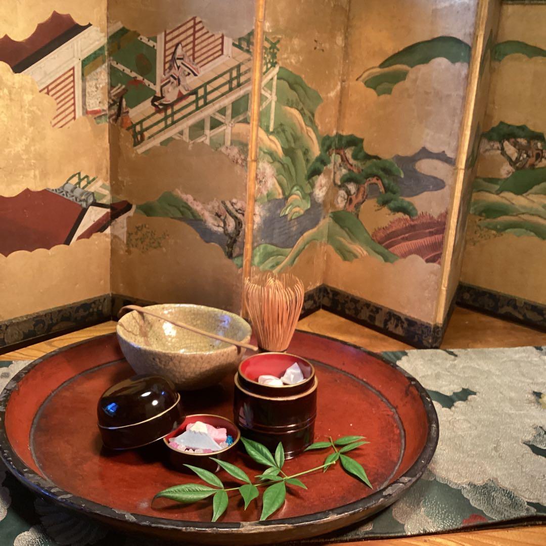 A1025 木製漆器　溜塗　　時代　化粧道具　菓子器　小物入（大、小）セット