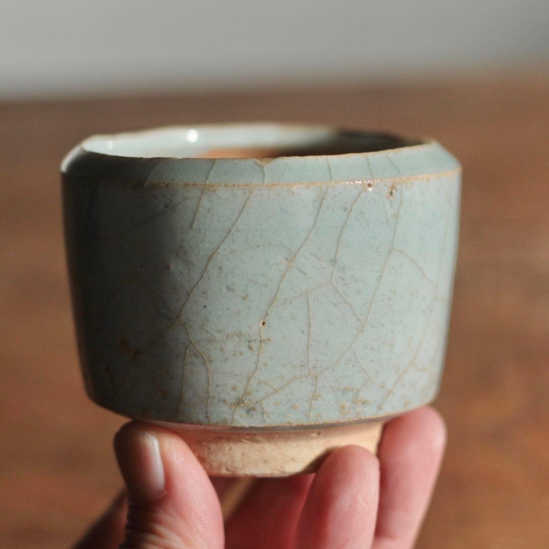 呂宋織部 灰釉印花文 半筒 茶碗 茶道具 古美術 古道具 アンティーク 茶道具