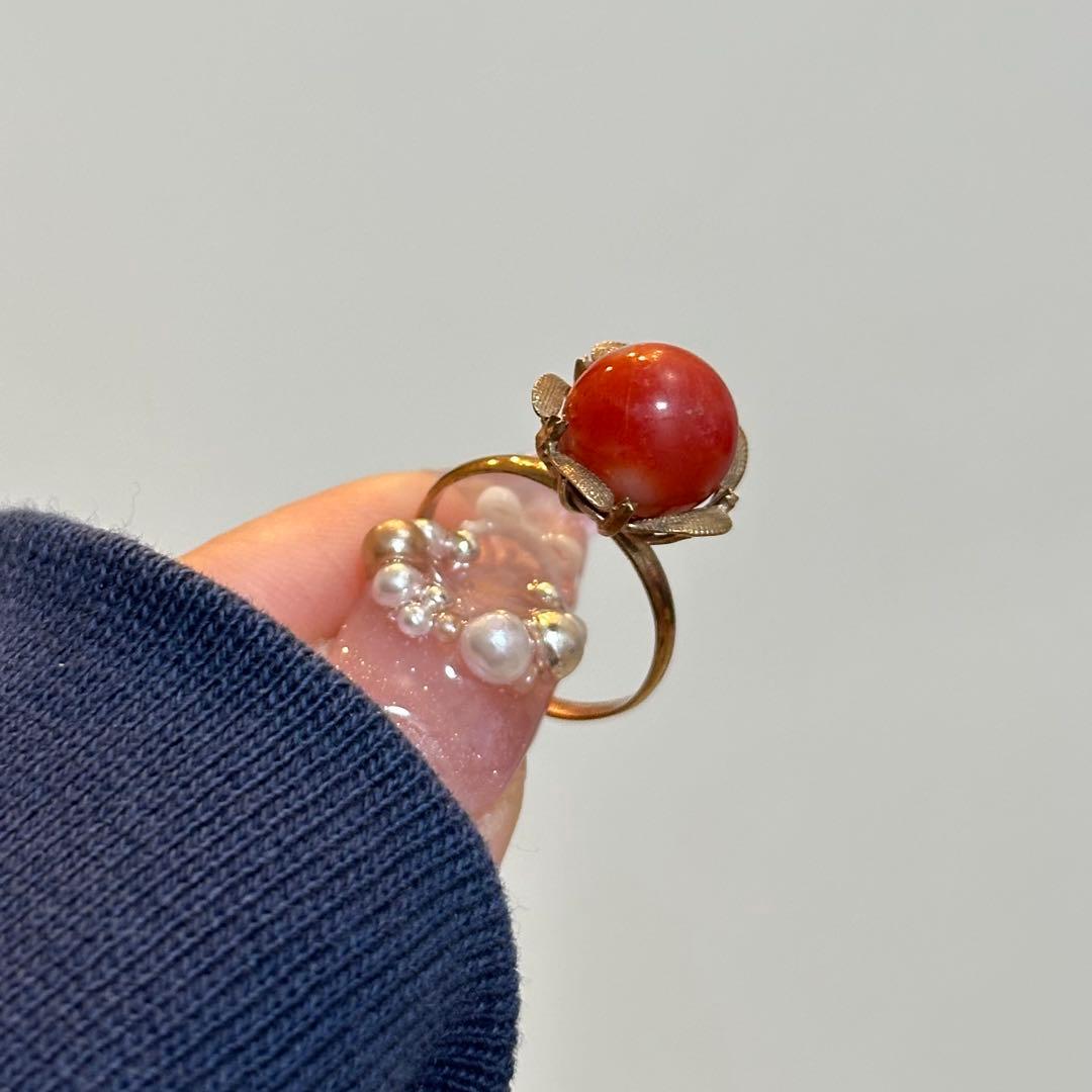 【14K アンティーク】珊瑚 お花 指輪
