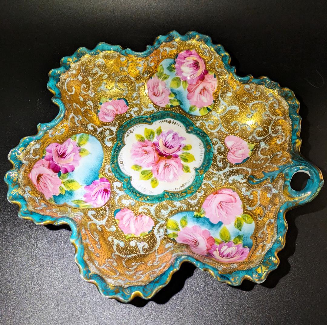 迫力のヘキサグラム★大皿★里帰り★金彩金盛上薔薇紋様持手六芒星大皿 25㎝