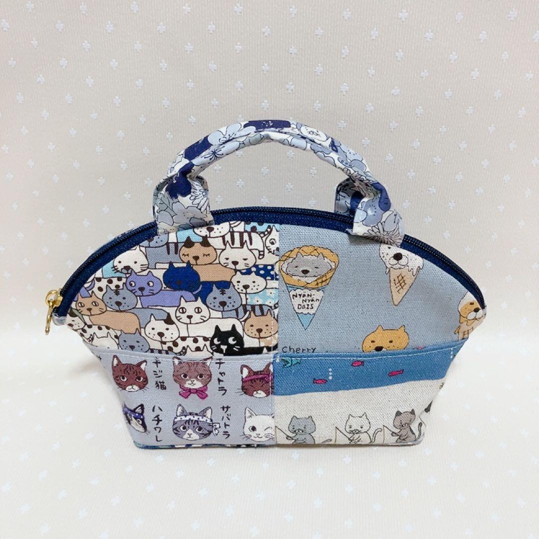 チャッピー。 テントポーチ パッチワーク猫生地 巾着付きトートバッグ