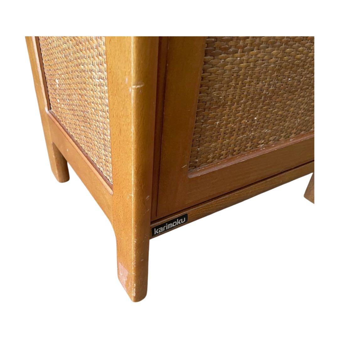 希少 カリモク ラタン 木製電話台・FAX台 引き出し付き 昭和レトロ