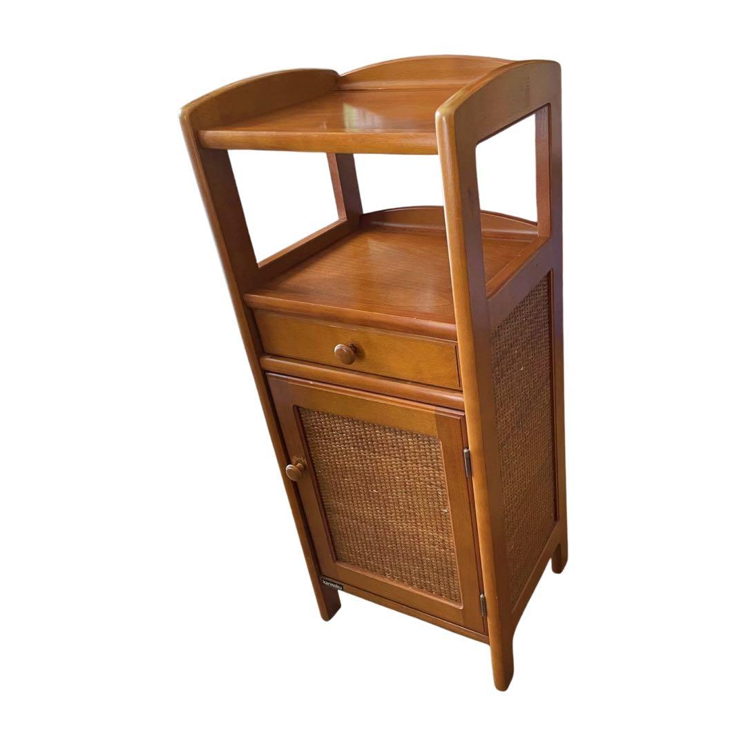 希少 カリモク ラタン 木製電話台・FAX台 引き出し付き 昭和レトロ