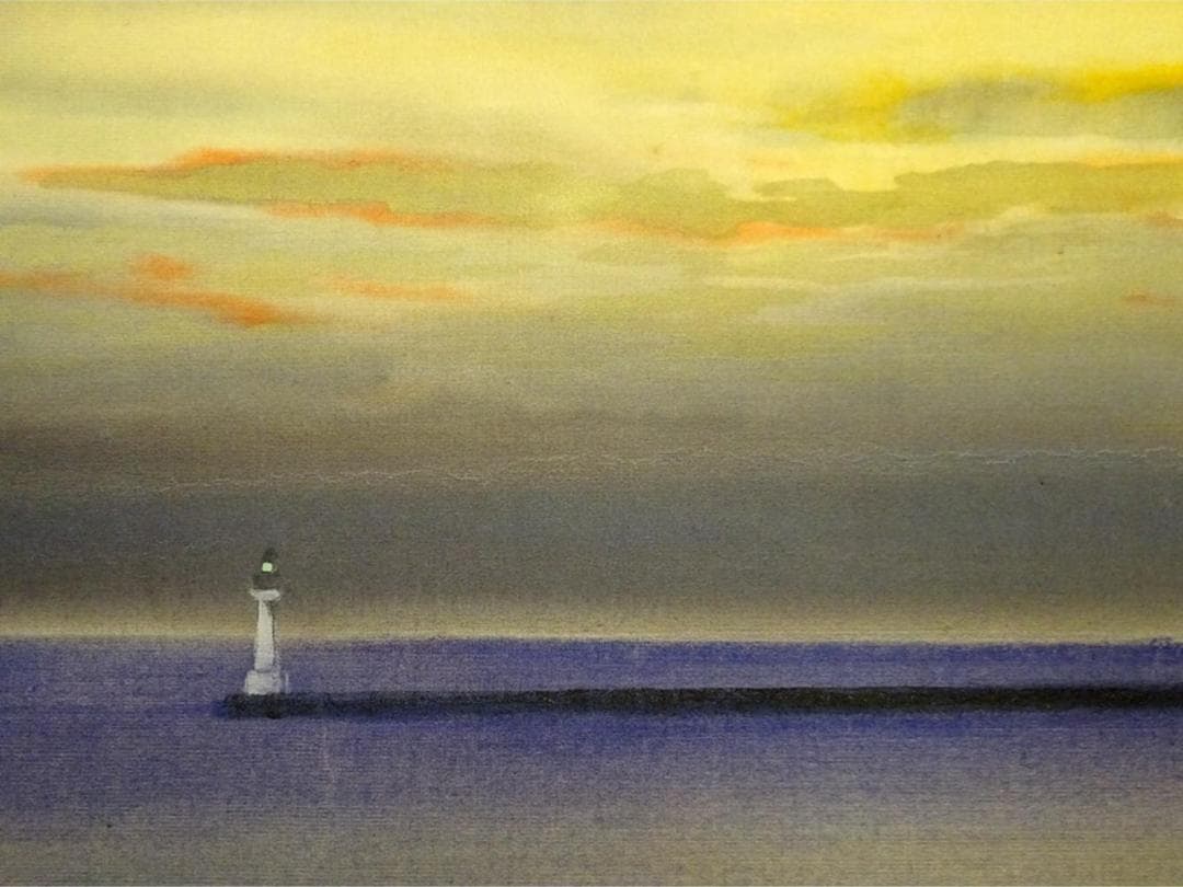 【真作】掛軸 水島裕『旭日 灯台図』絹本 肉筆 共箱付 掛け軸 a07305