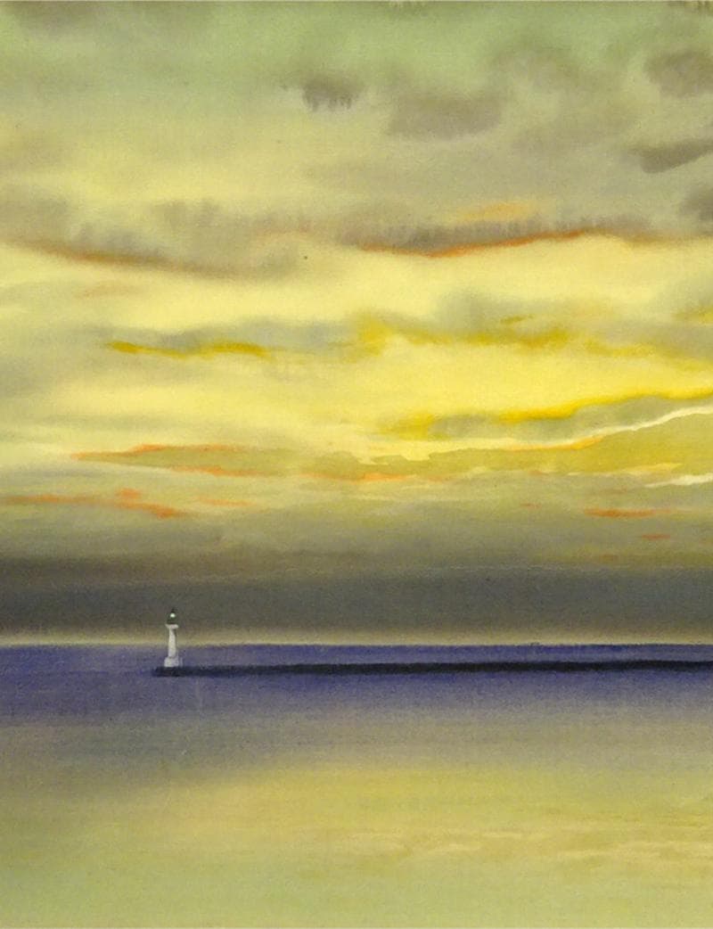 【真作】掛軸 水島裕『旭日 灯台図』絹本 肉筆 共箱付 掛け軸 a07305