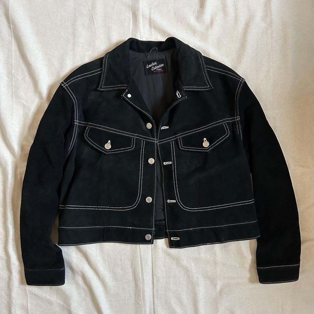 90s 短丈 レザージャケット ステッチ ショート丈 スウェード ブラック
