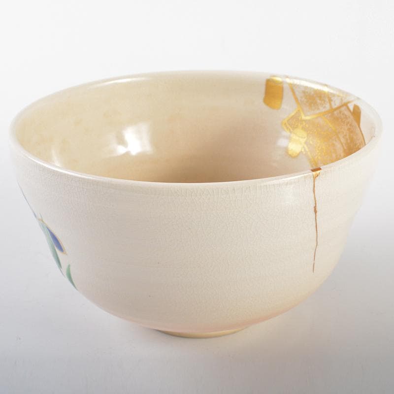 京焼 押小路窯 庄左エ門造 色絵八ツ橋 菖蒲文 茶碗 共布共