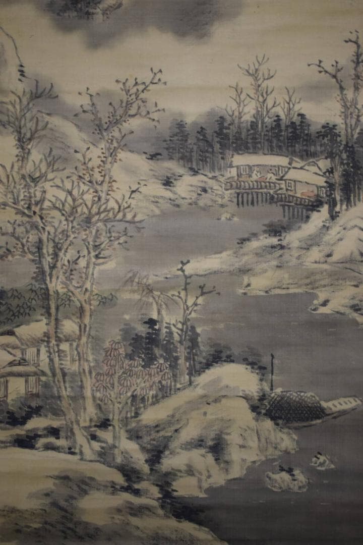 真作/雪翁郁/雪景山水人物図/布袋屋掛軸HG-166