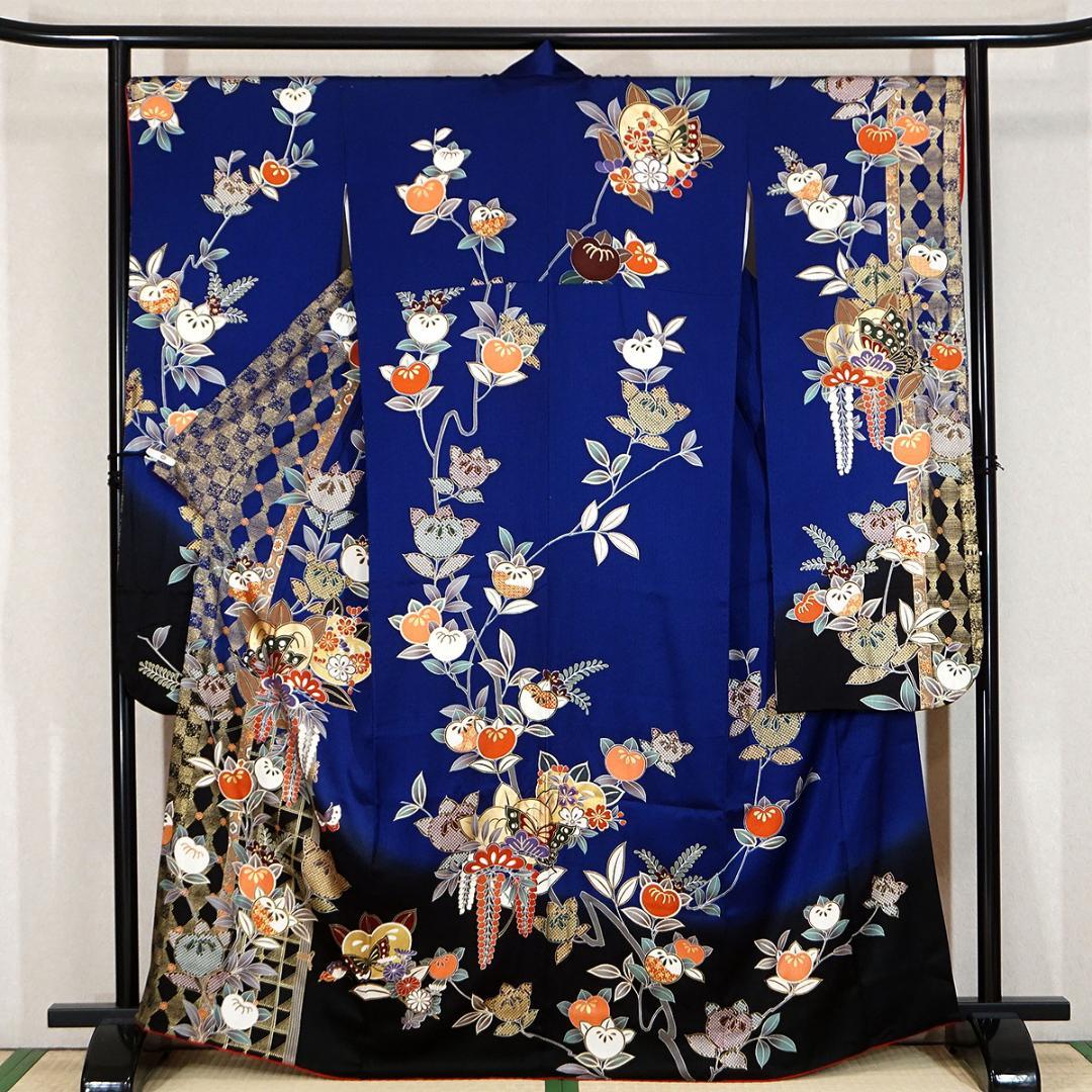 長じゅばん付き 正絹振袖 青 金彩友禅柄 165cm a129