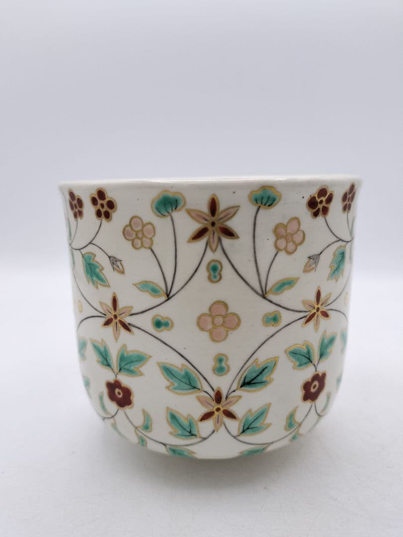 c736 筒茶碗 岸辺の草花 通次阿山 木箱 茶道具 古物 茶器/茶道具 抹茶