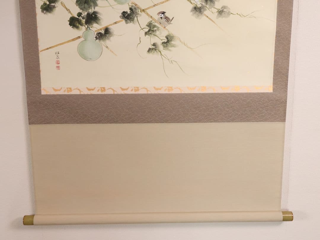 真作 美品 日本画 田中松泉 瓢箪 雀 彩色 紙本 掛軸 鳥 横