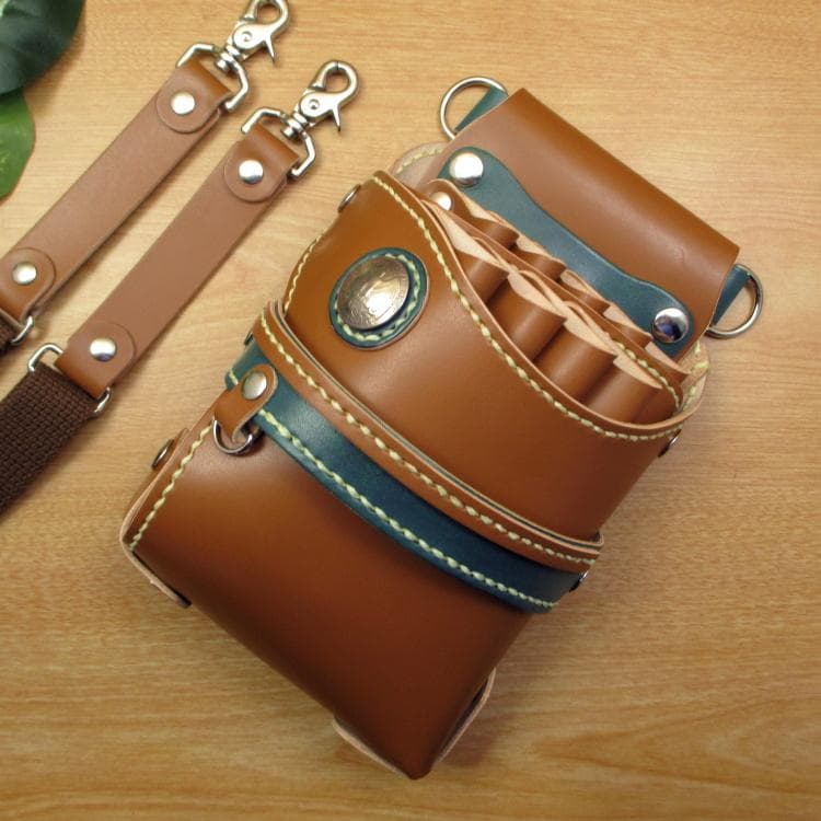 キャメル＆ディープグリーン　９丁差し　本革シザーケース　SCA-243/CCA