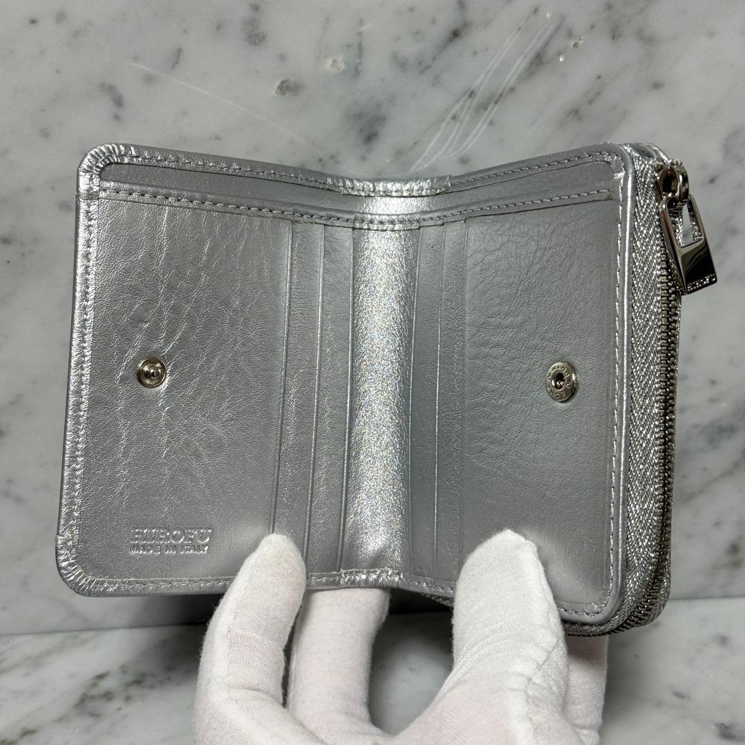 新品 未使用 HIROFU ヒロフ 二つ折り財布 銀 シルバー 本革 ジップ