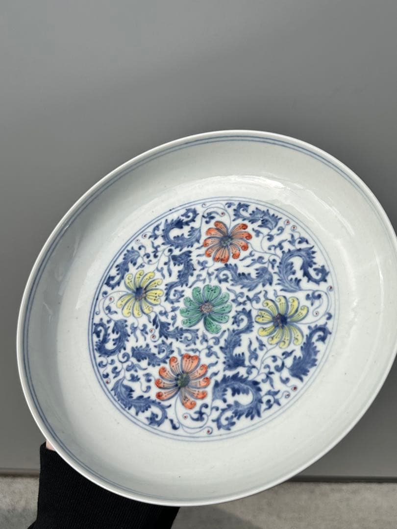 清代　大清雍正年製　青花染付 彩繪花卉文　古陶磁皿　中国古美術　時代物　骨董