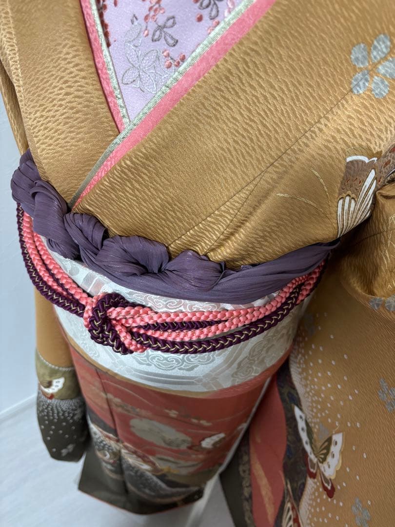 正絹振袖フルセット 豪華金彩 縁起柄金色 オレンジ 蝶模様 成人式