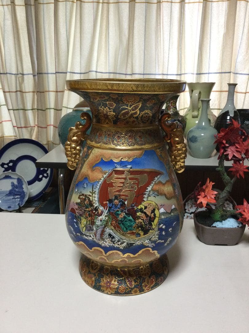 新品未使用 九谷焼 八幡釜 宝船 七福神 置物 縁起物 高さ46㎝ BK107