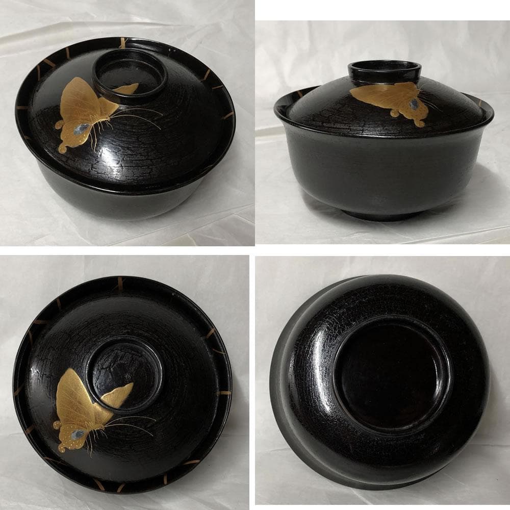 e2697 蝶蒔絵 煮物椀 五客 木箱入り 蒔絵 吸物椀 懐石道具