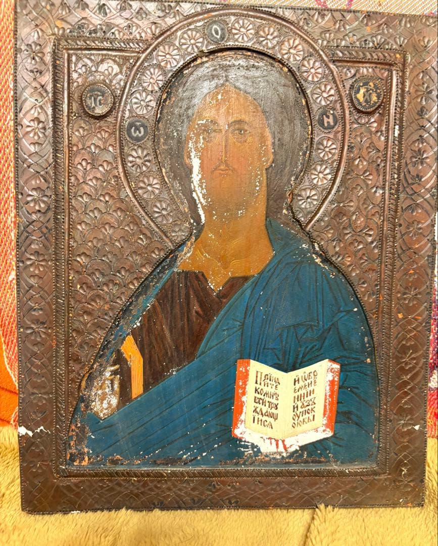 アンティーク宗教画　イコン　全能者ハリストス　パントクラトール　骨董品