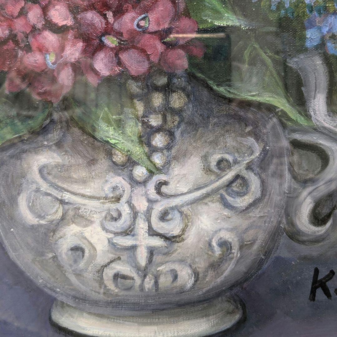 油絵 油彩画 あじさい アジサイ 紫陽花 額縁入り 肉筆サインあり