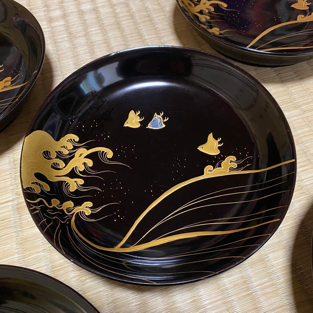 ◇時代 輪島塗 波千鳥 蒔絵 螺鈿細工 16cm皿 五客 銘々皿 菓子器 -