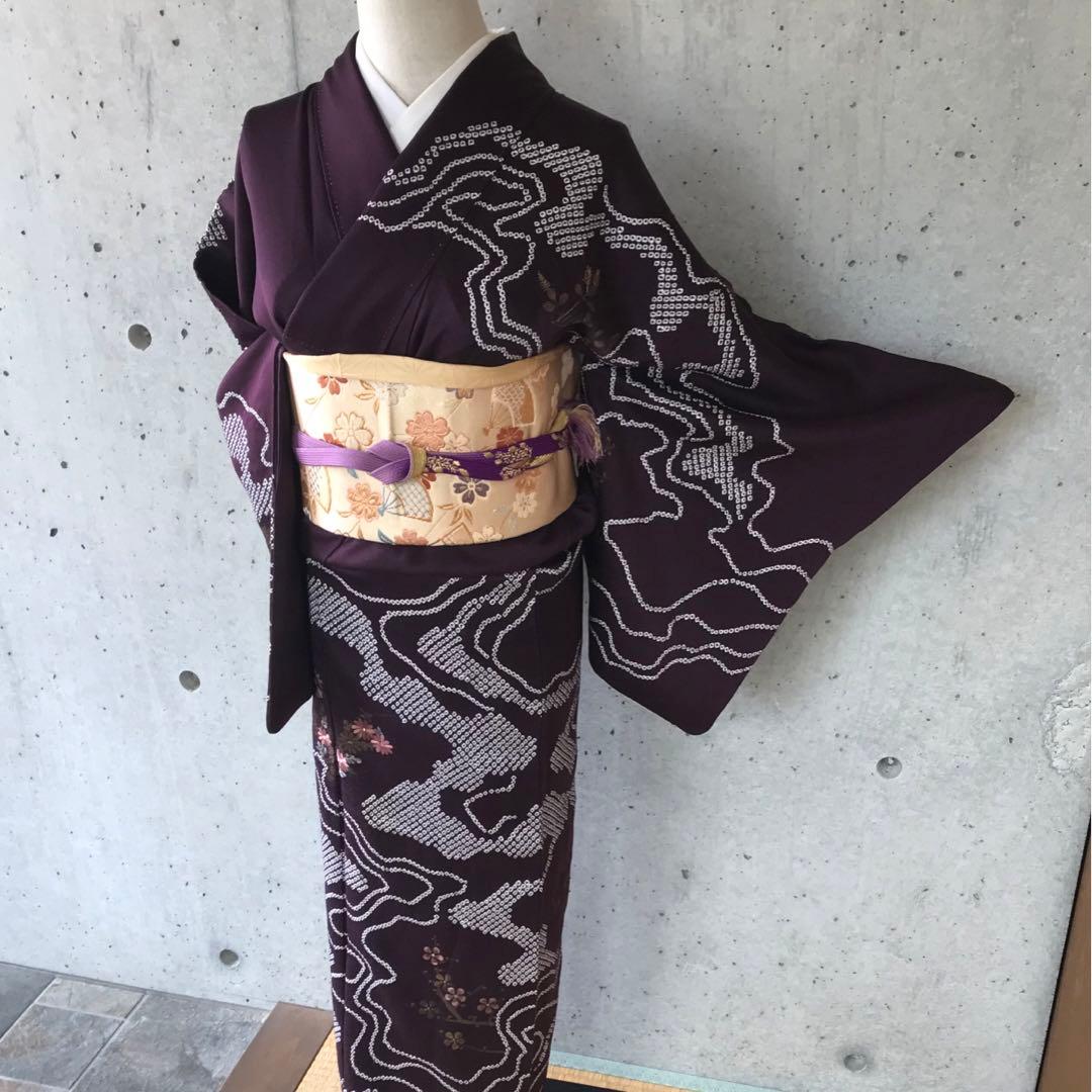 正絹 訪問着 絞りに部分刺繍 袷