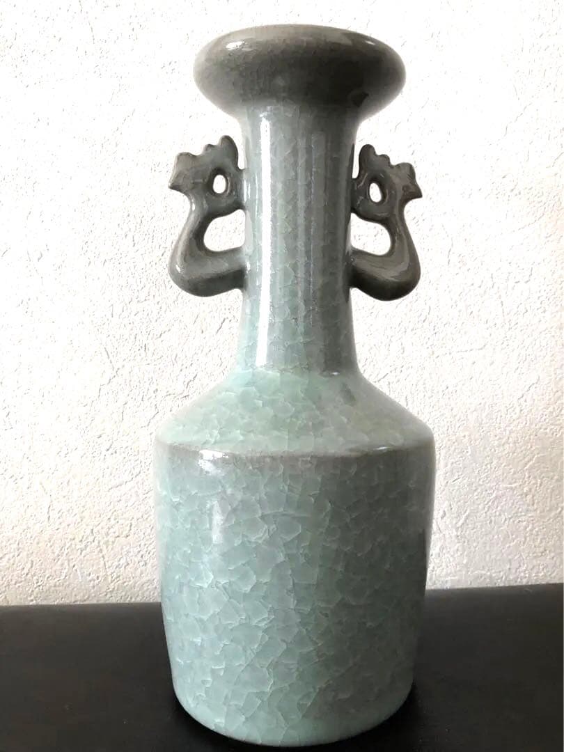 未使用】軌窯 久田重義 作 青瓷鳳凰耳花生 希少 常滑焼 花入