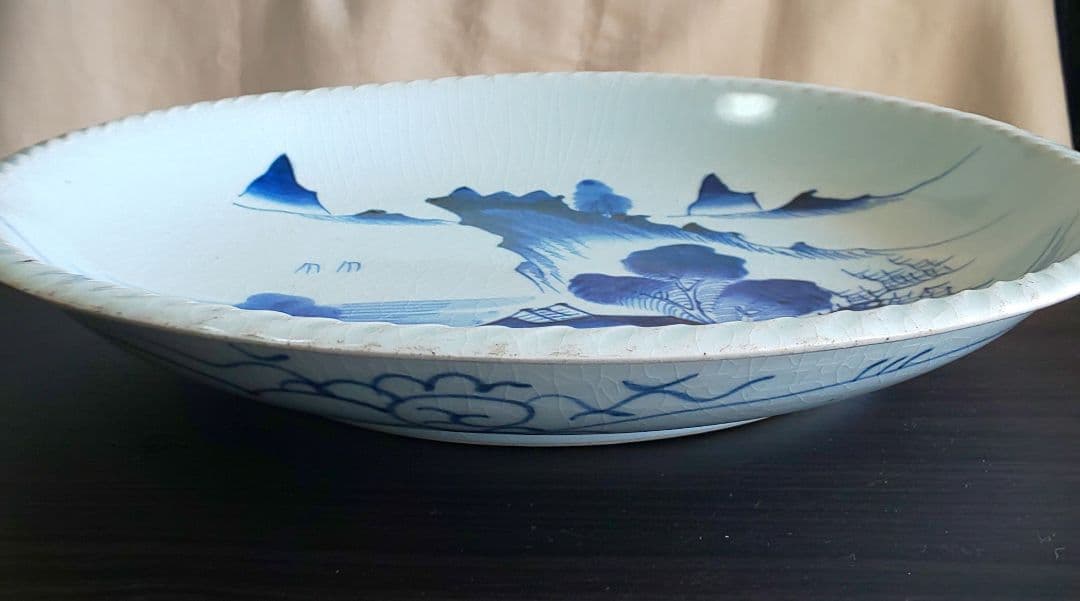 古伊万里 白磁大皿 江戸時代中期 白磁青い山水画大皿