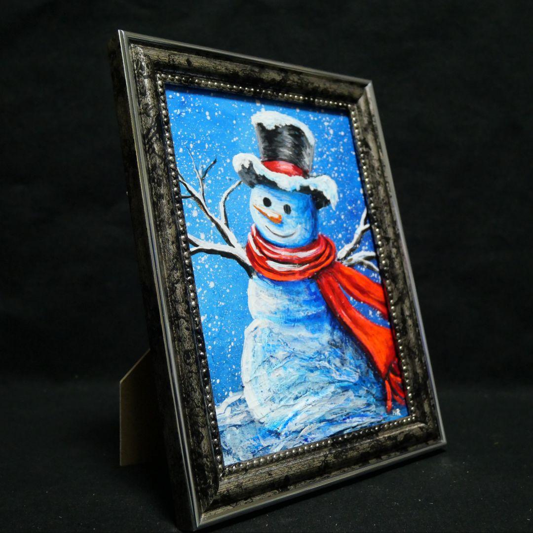 【赤いマフラーの雪だるま】絵画 油彩 油彩画 絵 油絵