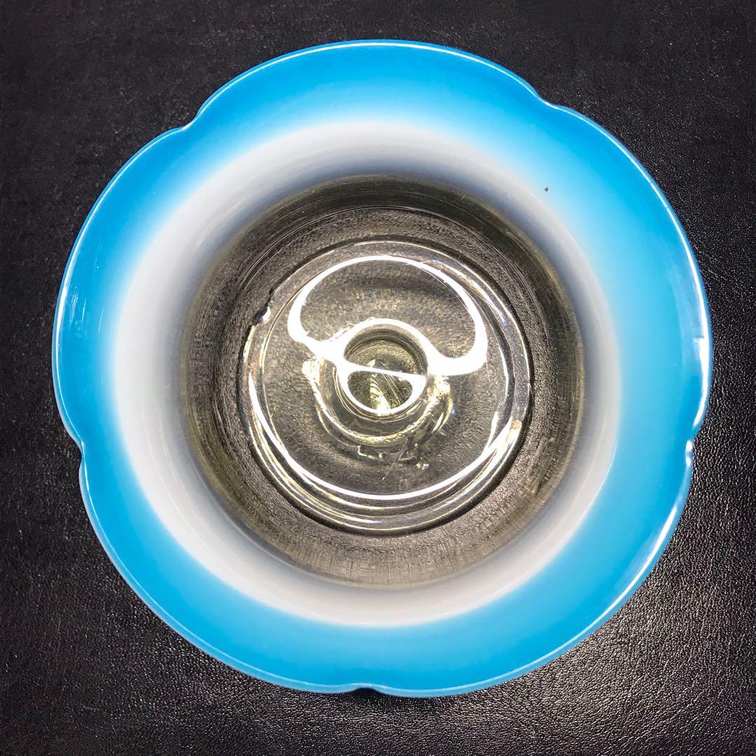 ☆明治大正ロマン！明治/大正ガラス！輪花形 青に乳白 氷コップ/手吹き