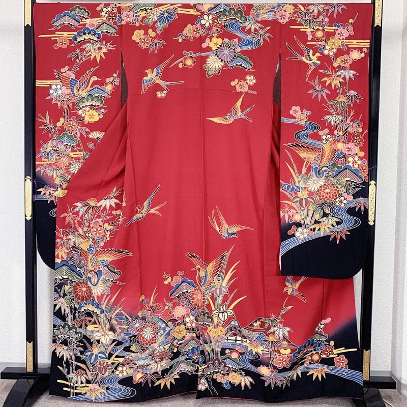 509z44☆さが美 紅型振袖 古典柄 松竹梅 燕 赤×黒☆美品 成人式 結婚式
