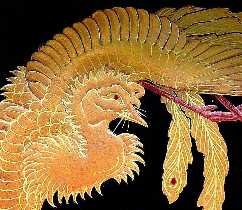 黒地桐雲鳳凰蒔絵　菓子器　明治期　木製品　N155A-EEa