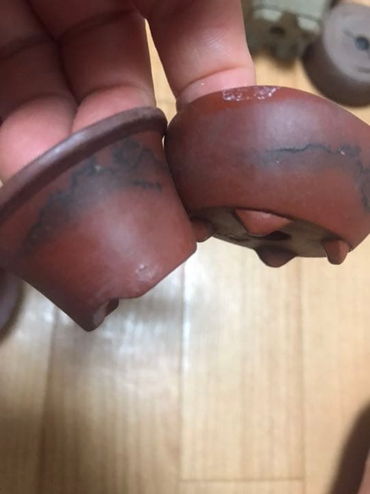 盆栽鉢紫砂朱泥4個中国宜興雷紋正方角切り鉢、文山絵付豆鉢2個落款無雲足陣笠鉢