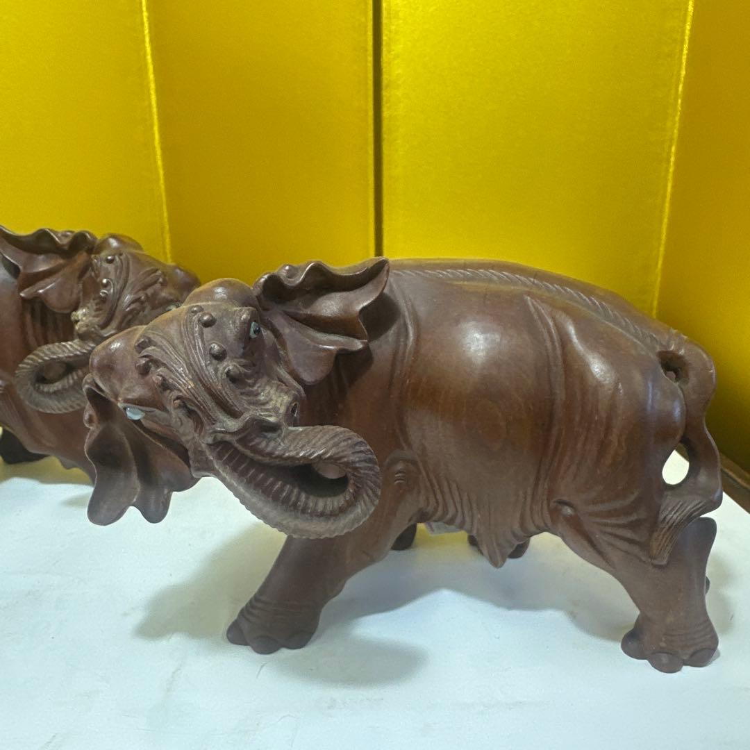 木製象の彫刻 2体セット