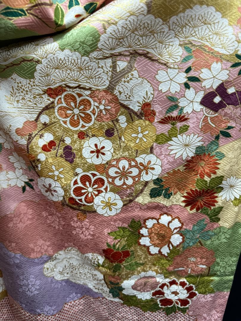 吉澤友禅 ピンク地 古典柄 金駒刺繍 振袖 袋帯フルセット