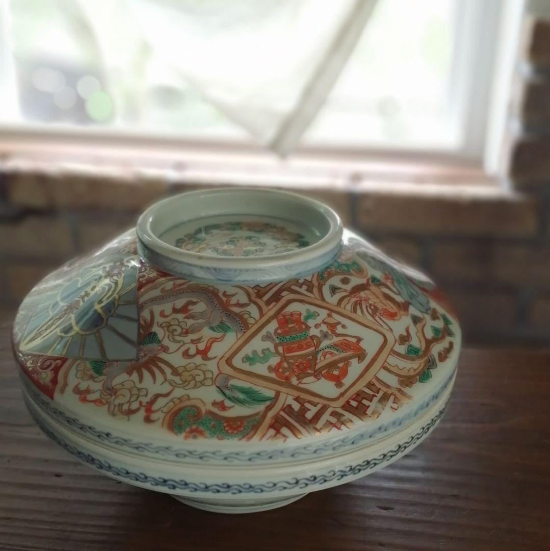古伊万里　蓋物　色絵金彩　鳳凰と龍の図　食籠