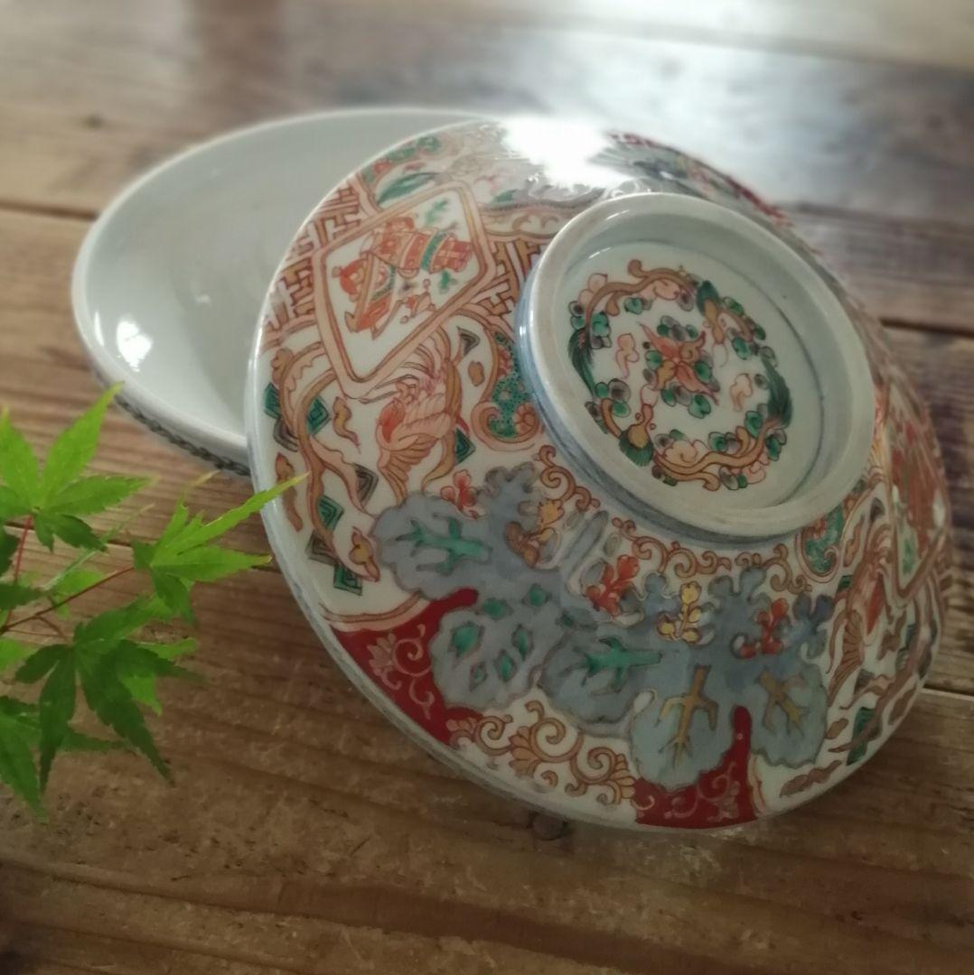 古伊万里　蓋物　色絵金彩　鳳凰と龍の図　食籠