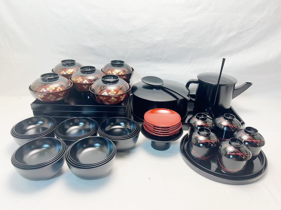 未使用 懐石道具 揃え 木製黒塗 五客揃 和食器 利休形 茶器揃 懐石料理