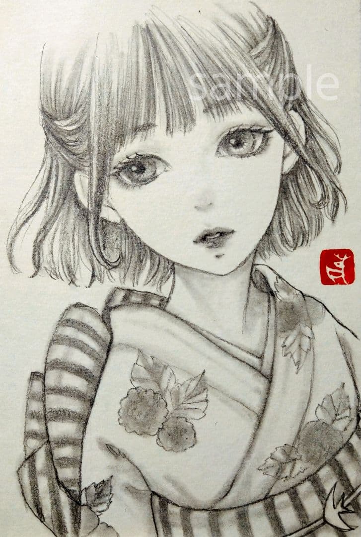 手描きイラスト 2378 肉筆原画 絵画 鉛筆画 和装 美人画